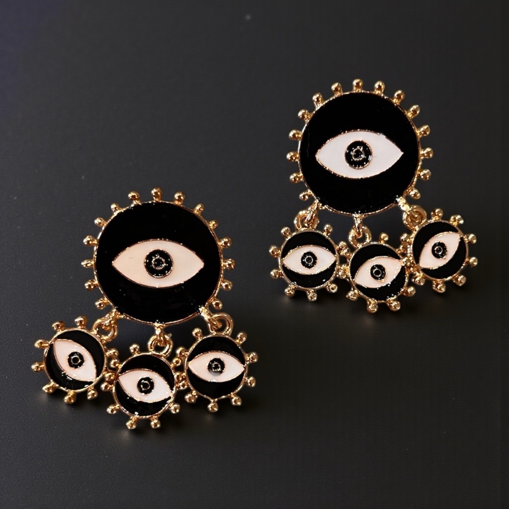 Chic Black and Gold Toned Evil Eye Dangling Earrings - Picture 14 of 17